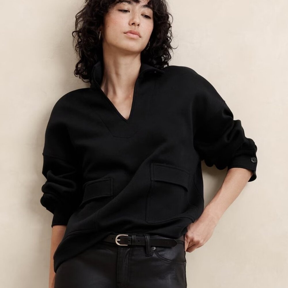 BANANA REPUBLIC FACTORY Scuba Patch Pocket Sweatshirt Size S Black Oversized NEW